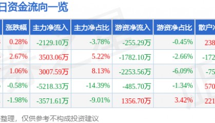 股票行情快报：网宿科技（300017）6月6日主力资金净卖出2129.10万元