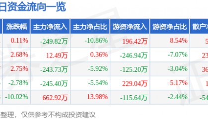 股票行情快报：滨海能源（000695）4月11日主力资金净卖出249.82万元
