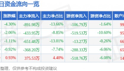 股票行情快报：滨海能源（000695）3月24日主力资金净卖出891.98万元