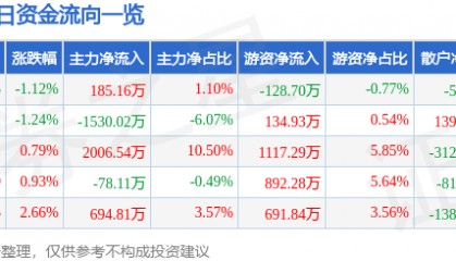股票行情快报：宁沪高速（600377）1月3日主力资金净买入185.16万元