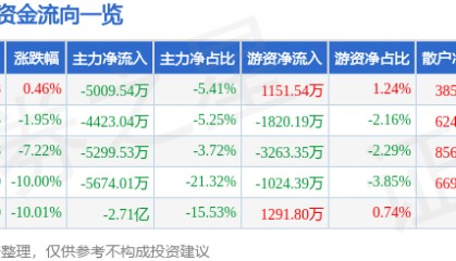 股票行情快报：大东方（600327）12月10日主力资金净卖出5009.54万元