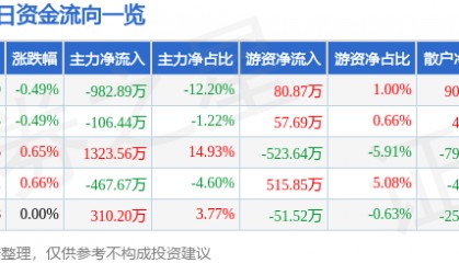 股票行情快报：上海凯宝（300039）3月13日主力资金净卖出982.89万元