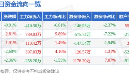 股票行情快报：恒大高新（002591）3月5日主力资金净卖出410.36万元