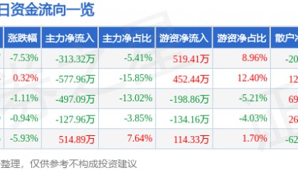 股票行情快报：广济药业（000952）12月23日主力资金净卖出313.32万元