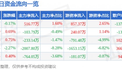 股票行情快报：湘邮科技（600476）6月13日主力资金净买入516.77万元