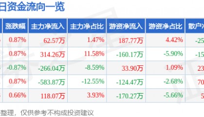 股票行情快报：重庆水务（601158）2月7日主力资金净买入62.57万元