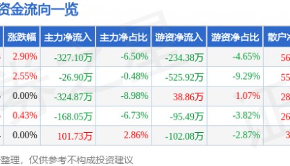 股票行情快报：嘉麟杰（002486）2月10日主力资金净卖出327.10万元
