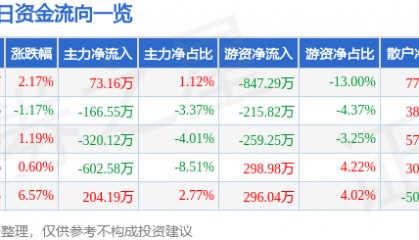 股票行情快报：恒大高新（002591）1月20日主力资金净买入73.16万元
