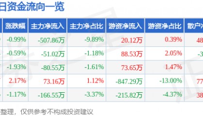 股票行情快报：恒大高新（002591）1月23日主力资金净卖出507.86万元