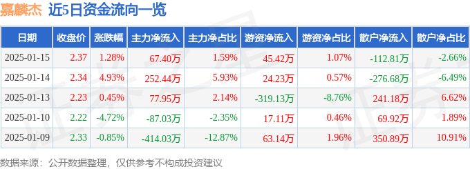 股票行情快报：嘉麟杰（002486）1月15日主力资金净买入67.40万元