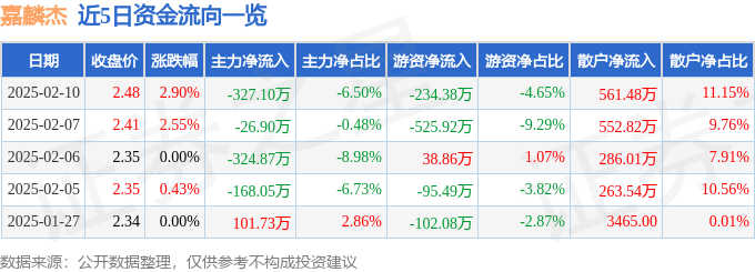 股票行情快报：嘉麟杰（002486）2月10日主力资金净卖出327.10万元