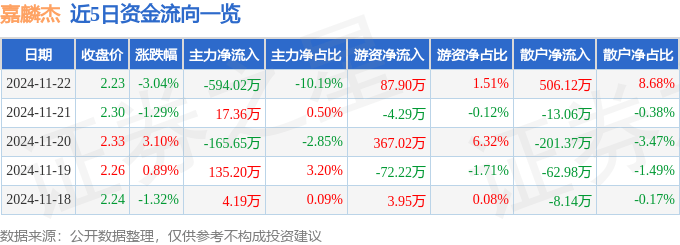 股票行情快报：嘉麟杰（002486）11月22日主力资金净卖出594.02万元