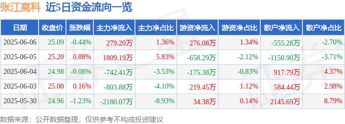 股票行情快报：张江高科（600895）6月6日主力资金净买入279.20万元