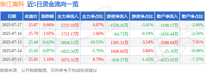 股票行情快报：张江高科（600895）7月17日主力资金净买入2737.33万元