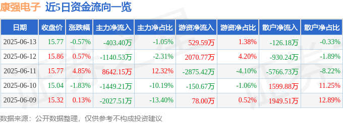 股票行情快报：康强电子（002119）6月13日主力资金净卖出403.40万元