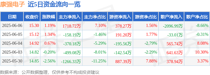 股票行情快报：康强电子（002119）6月6日主力资金净买入1718.72万元