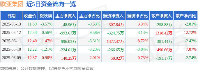 股票行情快报：欧亚集团（600697）6月13日主力资金净卖出48.96万元
